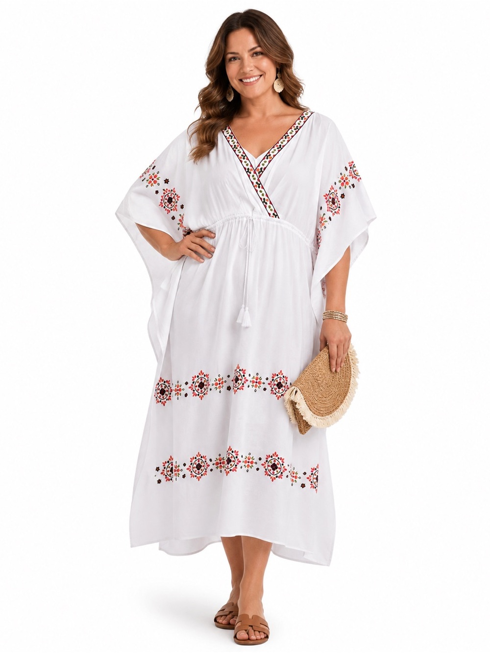 Soft Surroundings XL Embroidered White Kaftan Dress Boho Resort Coastal